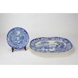 A 19TH CENTURY EDGE, MALKIN & CO BLUE AND WHITE POTTERY SOUP PLATE printed with a view and centred