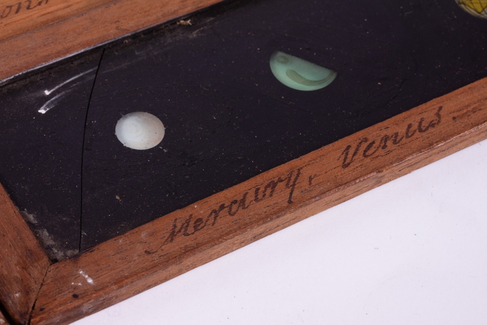 SIX 19TH CENTURY MAHOGANY FRAMED ASTRONOMY RELATED MAGIC LANTERN SLIDES each 29.5cm wide x 7.2cm - Image 2 of 3