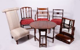 A 19TH CENTURY MAHOGANY CARVER ARMCHAIR with inset upholstered seat, 53cm wide together with two