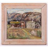 AFTER KYFFIN WILLIAMS Houses beneath the hills, oil on board, indistinctly signed upper right and