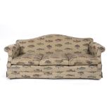 A KINGCOME CAMEL BACK SOFA with scrolling arms and fish themed upholstery, 214cm wide x 90cm deep