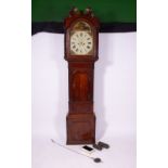 A 19TH CENTURY OAK EIGHT DAY LONGCASE CLOCK with mahogany crossbanding, the swan neck pediment to