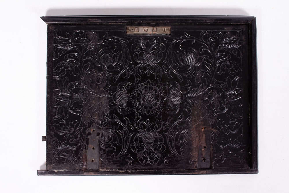 AN 18TH OR 19TH CENTURY ANGLO-INDIAN EBONY BOX with carved floral decoration and white metal hinges, - Image 4 of 5