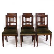 A SET OF SIX LATE VICTORIAN WALNUT DINING CHAIRS with green Draylon upholstered seats, 46cm wide x