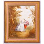 A PAIR OF PAINTINGS OF LOVERS enamel on porcelain plaques, unsigned 37.5cm x 30cm (2) Condition: one