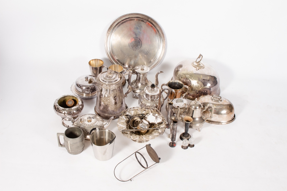 A COLLECTION OF VICTORIAN AND LATER SILVER PLATED WARES to include a Walker & Hall hot water jug,