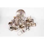A COLLECTION OF VICTORIAN AND LATER SILVER PLATED WARES to include a Walker & Hall hot water jug,
