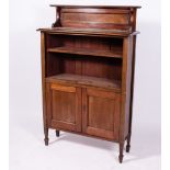 AN EDWARDIAN MAHOGANY BOOKCASE CABINET with raised panel back, two adjustable shelves over twin