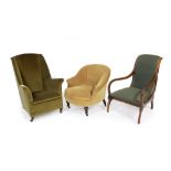 A SMALL SIZE LOW GREEN DRAYLON UPHOLSTERED WING BACK ARMCHAIR 68cm wide x 90cm high together with