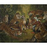 A LARGE, LATE 19TH CENTURY SCHOOL, PAINTING depicting a young man taming a number of tigers, oil on