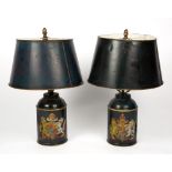 A PAIR OF PAINTED TOLEWARE TABLE LAMPS decorated with the Royal Coat of Arms, each 12cm wide at