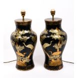 A PAIR OF PAPIER MACHE CHINOISERIE STYLE TABLE LAMPS in the form of baluster vases, each lamp 22cm