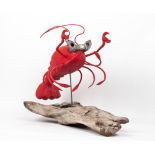 MARTIN SCOREY (b.1961) Lobster, painted carved wood and metal on a naturalistic base, signed, titled