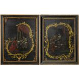 A PAIR OF 18TH CENTURY DEVOTIONAL LACQUERED PANELS mounted on copper and set within antique