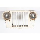 A WHITE PAINTED JEEP FRONT possibly for wall mounting, with headlamps, 104cm wide x 52cm high x 20cm