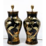 A PAIR OF PAPIER MACHE CHINOISERIE STYLE TABLE LAMPS in the form of baluster vases, each 22cm