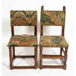 TWO 17TH CENTURY AND LATER WALNUT FRAMED SIDE CHAIRS with tapestry and woolwork upholstery and of