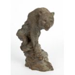 CONTEMPORARY BRONZE SCULPTURE OF A BEAR perched on rocky outcrop, unsigned, 28cm high Condition: