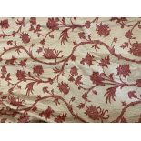 A PAIR OF LARGE BEIGE OR LIGHT GOLD GROUND SILK AND LINED CURTAINS with red embroidered exotic