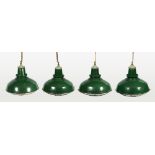 A SET OF FOUR GREEN AND WHITE ENAMELLED INDUSTRIAL HANGING LIGHT FITTINGS each 45cm diameter x