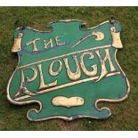 AN EARLY 20TH CENTURY PAINTED AND EMBOSSED ART NOUVEAU DOUBLE SIDED COPPER SIGN for The Plough Pub