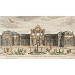 AN ANTIQUE HAND COLOURED ENGRAVING DEPICTING AN ORANGERY after a design by Paul Decker and