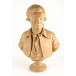 A PAINTED PLASTER BUST OF AN 18TH CENTURY FRENCH GENTLEMAN 46cm wide x 73cm high, stamped to the