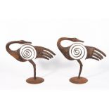 A PAIR OF IRON SCULPTURES Spiral Birds, unsigned, 41cm wide x 38cm high Condition: signs of