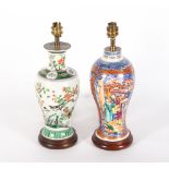 A CONTEMPORARY CHINESE FAMILLE VERTE PORCELAIN TABLE LAMP of inverted baluster form decorated with