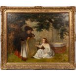 19TH CENTURY ENGLISH SCHOOL a young girl and her grandmother studying a gravestone in a