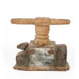 A ORIENTAL CARVED WOODEN PRESS OR JUICER with anthropomorphic head and twin handled press, 32cm wide