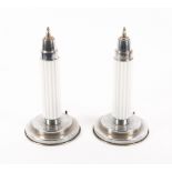 A PAIR OF CHROME PLATED AND WHITE GLASS ART DECO TABLE LAMPS with fluted cylindrical shades on