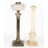 A 19TH CENTURY SILVER PLATED OIL LAMP of Corinthian column form by Evered & Co Limited and having