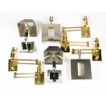 TWO PAIRS OF CHROME WALL LIGHTS and a set of five lacquered brass hinged arm wall lights, 26cm