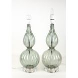 A PAIR OF GLASS TABLE LAMPS of reeded double gourd form, each 56cm in height including fitting