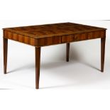 A YEW WOOD OYSTER VENEERED RECTANGULAR WRITING TABLE with single frieze drawer and square tapering