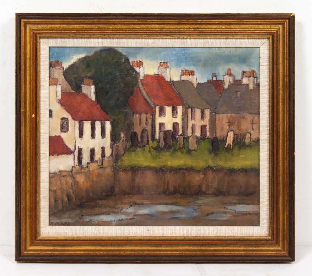 20TH CENTURY SCHOOL village view, oil on canvas board, indistinctly signed lower left, 29cm x 33.5cm
