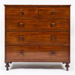A MID 19TH CENTURY MAHOGANY CHEST OF TWO SHORT AND THREE LONG DRAWERS with turned knob handles and