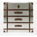 A DECORATIVE ALUMINIUM, LEATHER AND WOOD LATH BOUND CHEST with lifting lid to the top and three