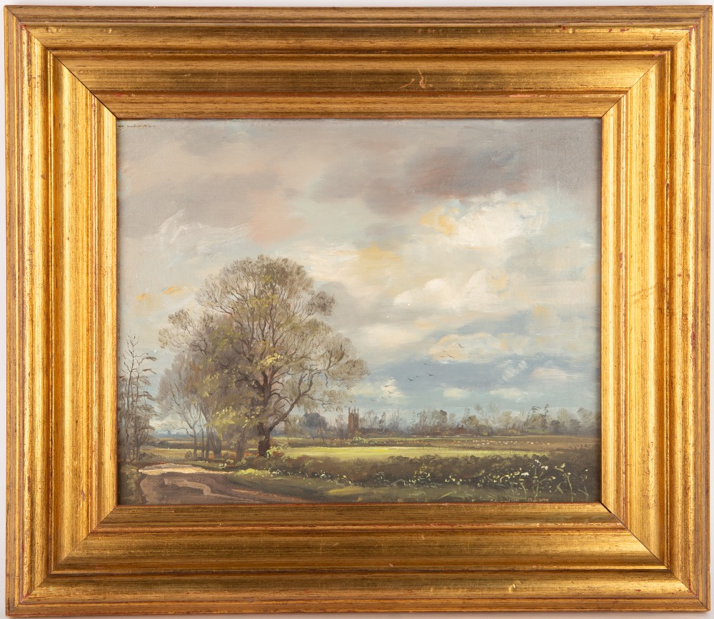 EDWARD STAMP two Northamptonshire landscapes, each oil on panel, the largest 19cm x 24.5cm, both
