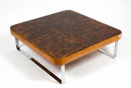 A LATE 20TH CENTURY SQUARE OAK AND HARDWOOD TOPPED COFFEE TABLE with chrome supports, 88cm wide x