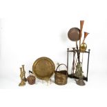 A GROUP OF METALWARE to include an old cast iron and brass plated corner stick stand, two copper