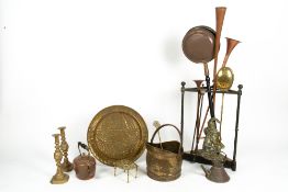 A GROUP OF METALWARE to include an old cast iron and brass plated corner stick stand, two copper