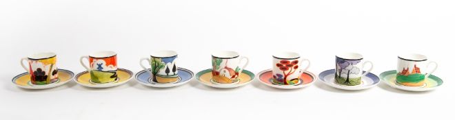 A GROUP OF SEVEN BRADFORD EXCHANGE WEDGWOOD CENTENARY CLARICE CLIFF CUPS AND SAUCERS to include Blue