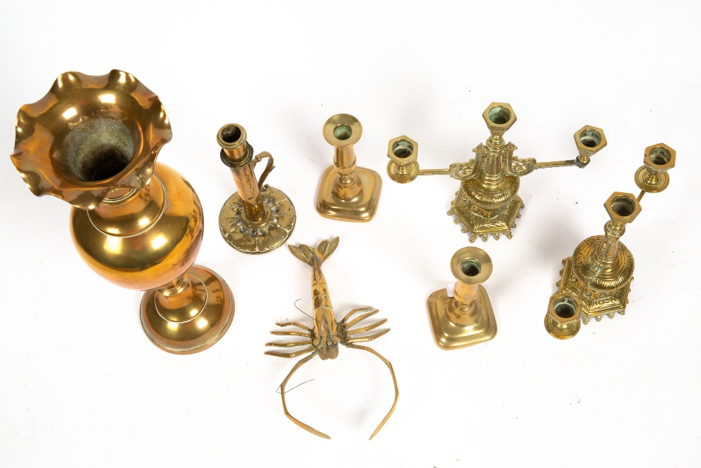 A COLLECTION OF BRASS WARE to include a pair of three branch candelabra, a Palmer & Co patent - Image 2 of 2