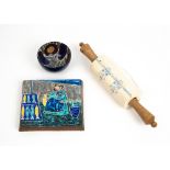 AN EARLY 20TH CENTURY SCANDINAVIAN POTTERY ROLLING PIN 38cm in length; a Royal Copenhagen faience