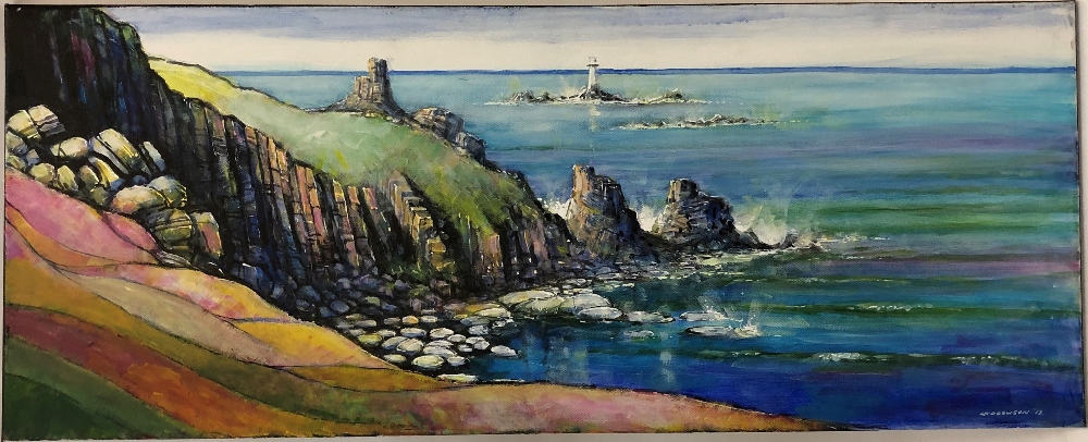 TIM WIDDOWSON (20TH CENTURY SCHOOL) Cliffs & Sea, Landsend, acrylic, signed lower right, 61cm x 92cm - Image 3 of 6