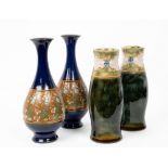 A PAIR OF DOULTON SLATER STONEWARE POTTERY BOTTLE VASES with flared rims, each 26cm in height