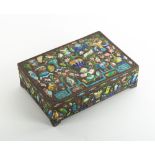 AN EARLY 20TH CENTURY CHINESE WHITE METAL BOX with enamel decoration, 16.5cm wide x 11.5cm deep x