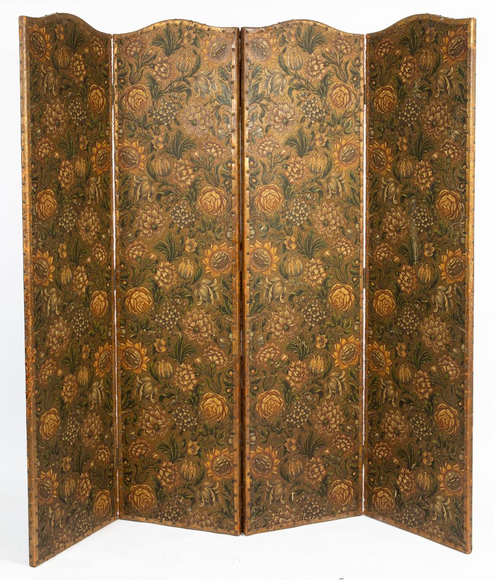 A LATE VICTORIAN EMBOSSED AND PAINTED CARD FOUR FOLD SCREEN with a studded leather border, decorated